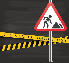 A coming soon image that says site under construction with a road sign depicting a man working.